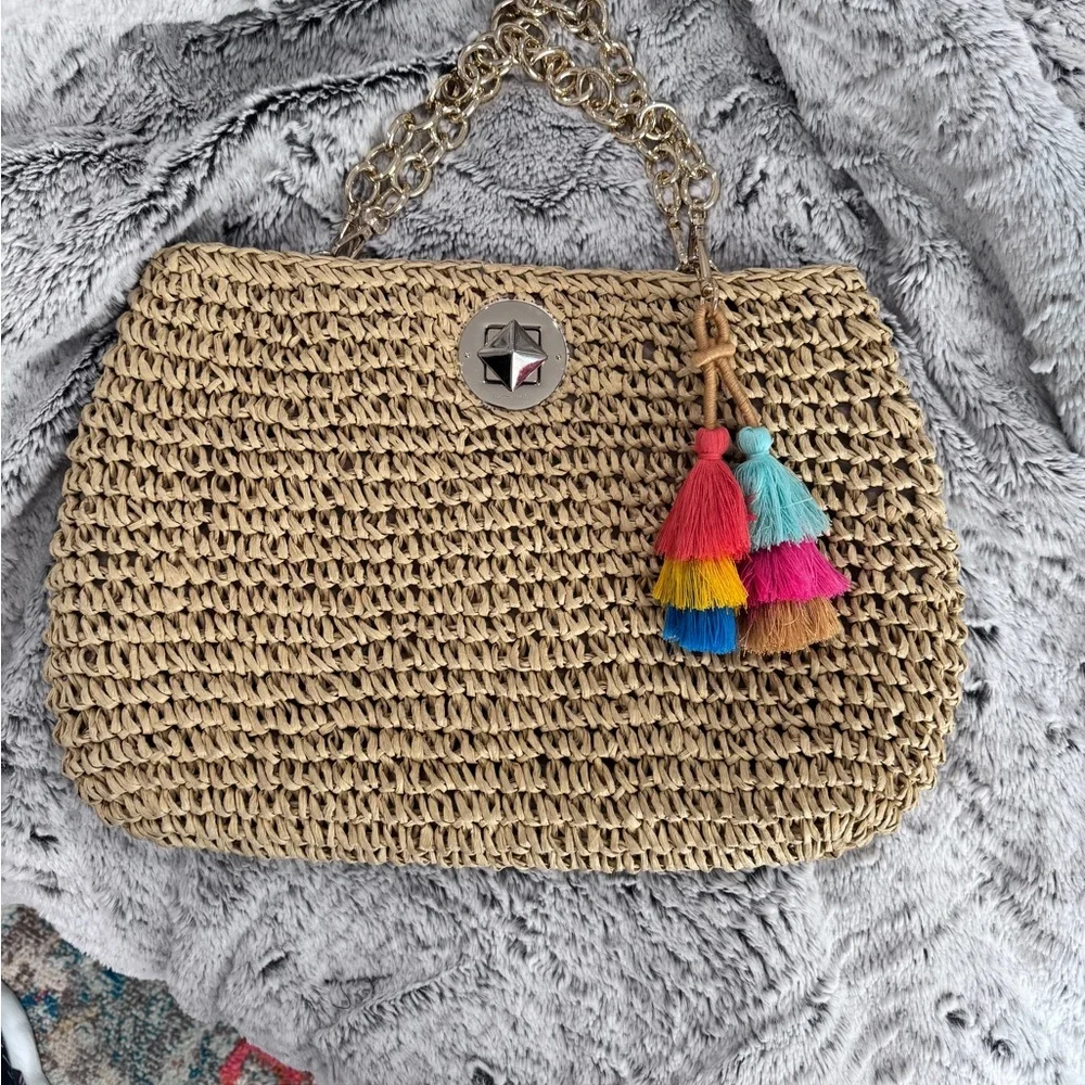 Kate Spade Amelia Jeweled Shoulder Bag raffia version with removable chain strap - Picture 3 of 6